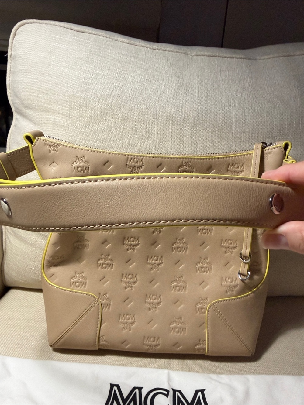 MCM Taupe Leather Shoulder Bag with Yellow Trim - Picture 3 of 10